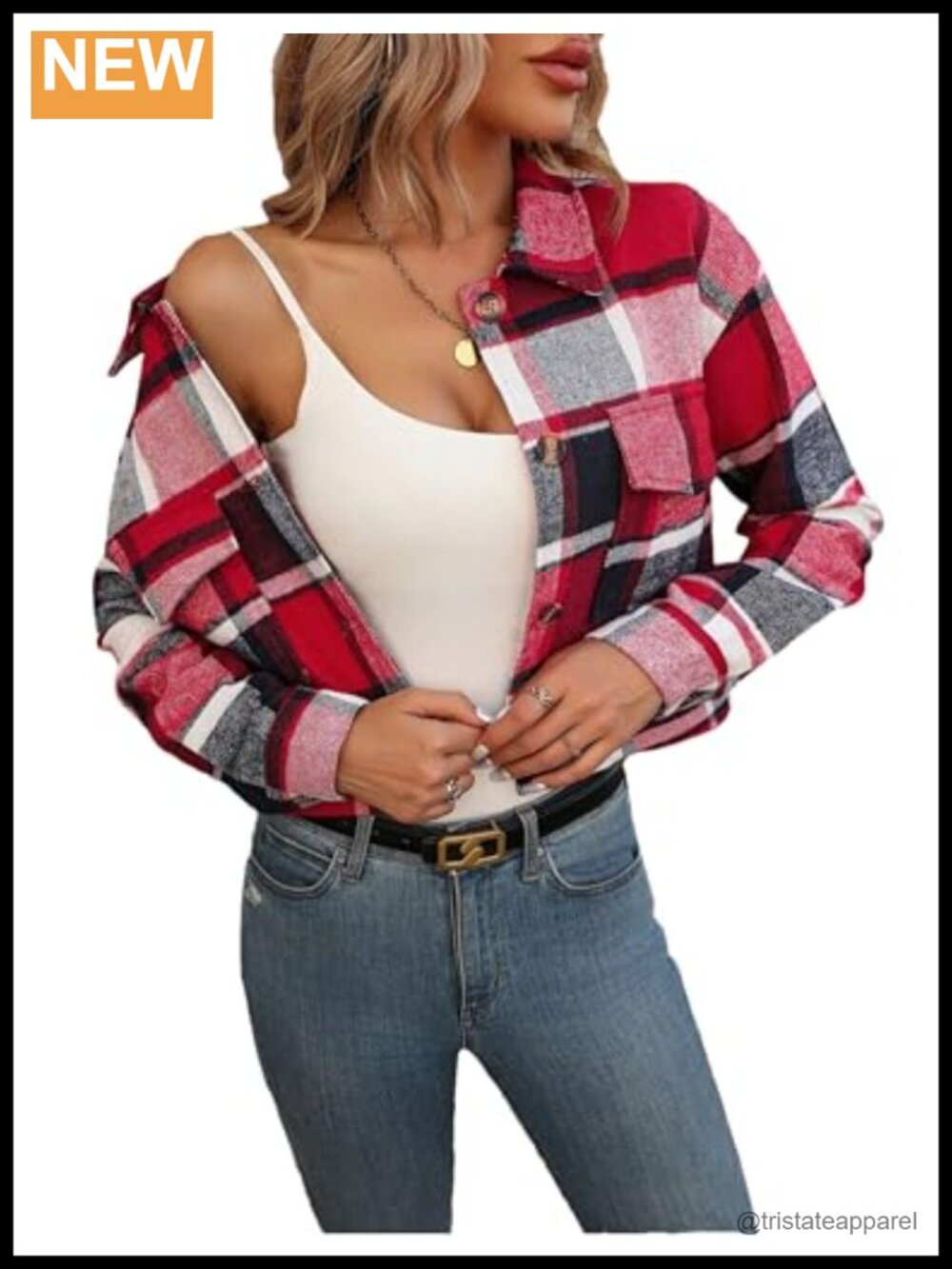 Women's Cropped Plaid Shacket Jacket, Long Sleeve Button Front Flannel Coat